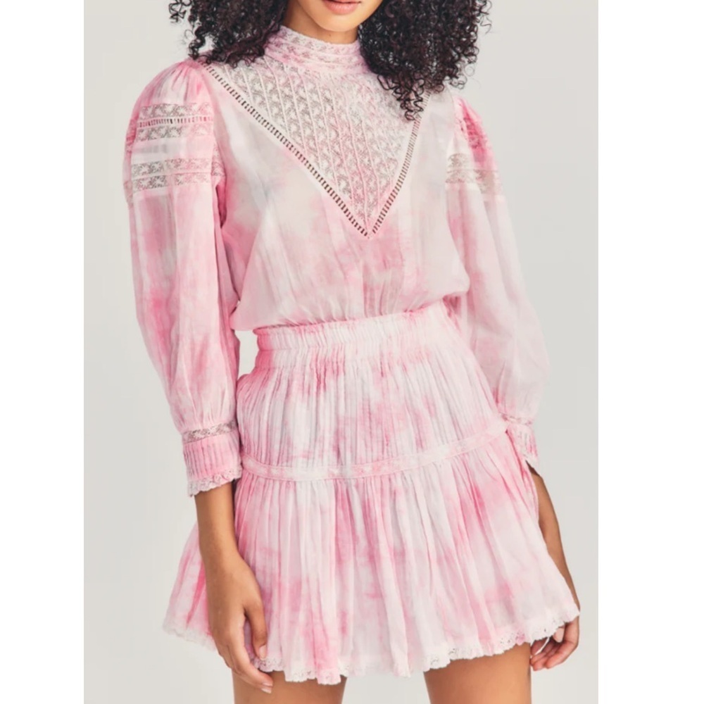 LoveShackFancy Viola Pink White Tie Dye Lace Overlay Mini Dress Size Large Women